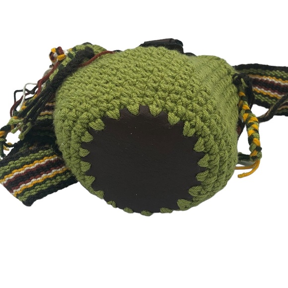 Green Crochet Mini Bag Crossbody Cottagecore Boho Faux Leather Fringe Tassel - Picture 3 of 6